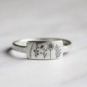 Carved Engraving Wildflowers Dandelion Daisy Silver Ring